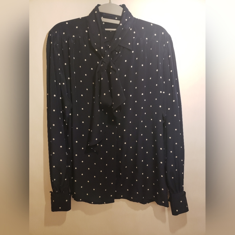 Vintage Escada Silk blouse tie dark navy polka dot EU 34 / US 6